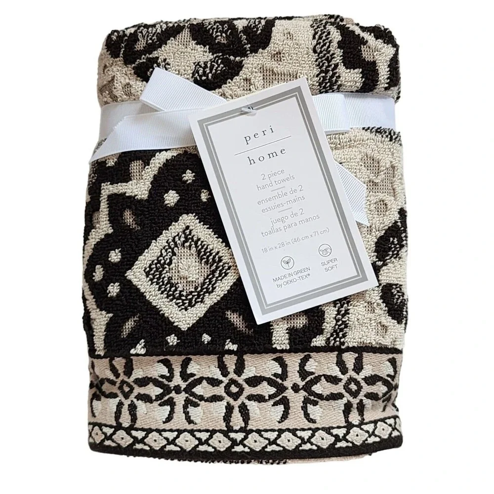 Peri Home Moroccan Tiles 6pc Cotton Towels Black Beige Set 2 Bath 2 Hand 2 Tip